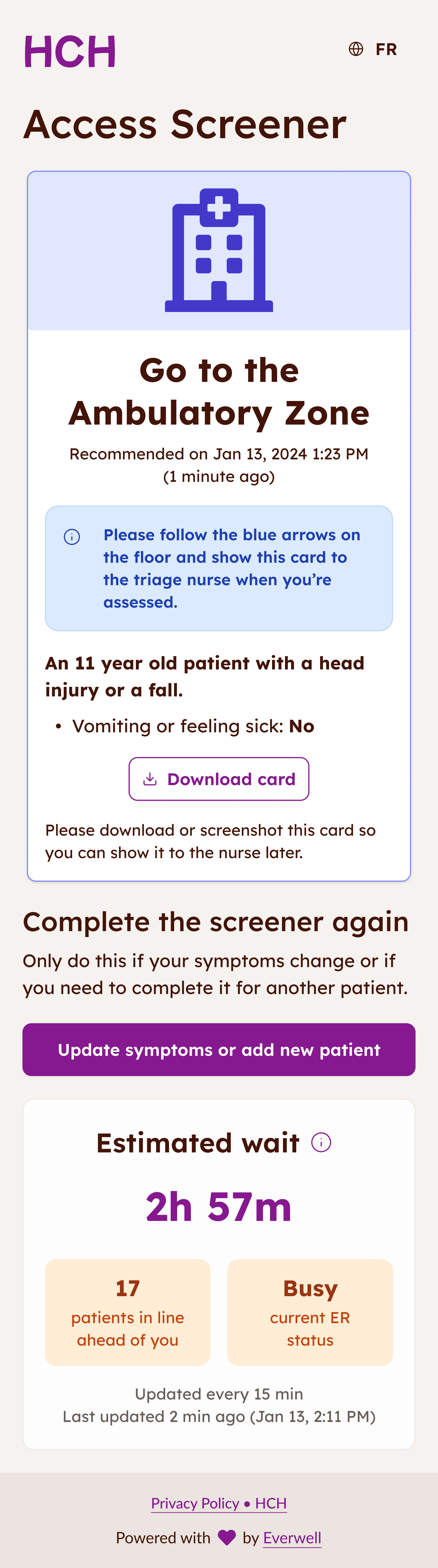 Results screen showing a summary card with instructions, patient status, and a button to update symptoms or add new patient